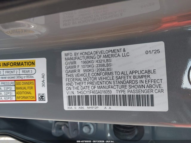 Aukcja sprzedaży 2025 Honda Accord Se, vin: 1HGCY1F46SA016059, numer aukcji: 45795555