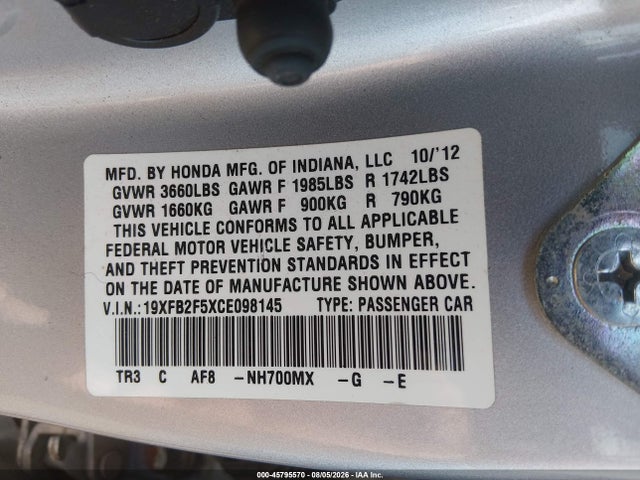 Продаж на аукціоні авто 2012 Honda Civic Lx, vin: 19XFB2F5XCE098145, номер лоту: 45795570