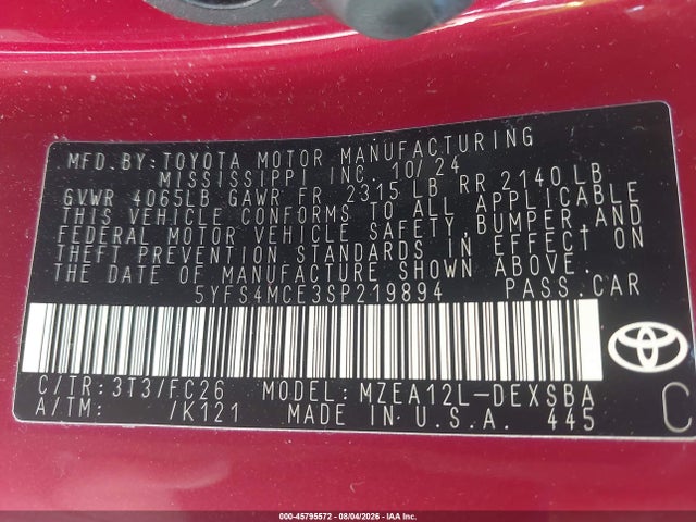 45795572 :رقم المزاد ، 5YFS4MCE3SP219894 vin ، 2025 Toyota Corolla Se مزاد بيع