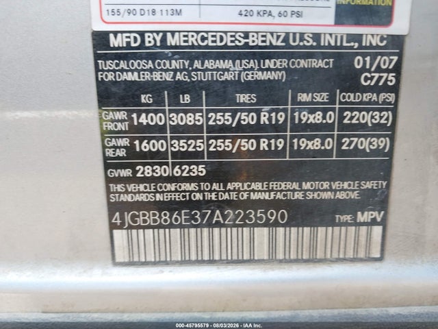 Auction sale of the 2007 Mercedes-benz Ml 350 4matic, vin: 4JGBB86E37A223590, lot number: 45795579
