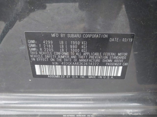 2019 Subaru Impreza 2.0i მანქანა იყიდება აუქციონზე, vin: 4S3GKAA63K3614222, აუქციონის ნომერი: 45795592