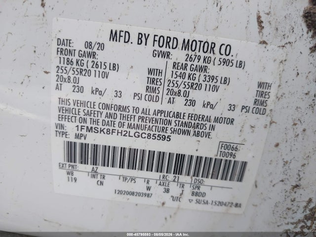 45795593 :رقم المزاد ، 1FMSK8FH2LGC85595 vin ، 2020 Ford Explorer Limited مزاد بيع