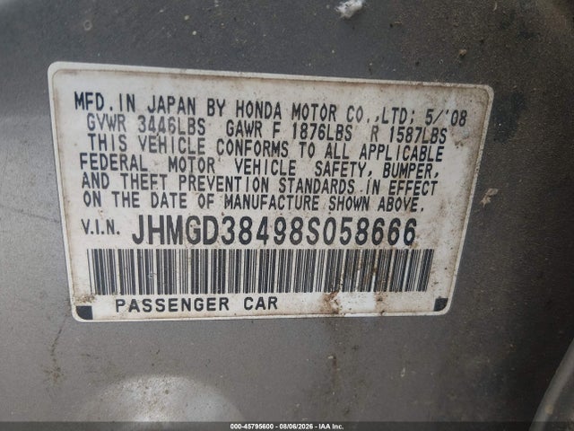 2008 Honda Fit მანქანა იყიდება აუქციონზე, vin: JHMGD38498S058666, აუქციონის ნომერი: 45795600