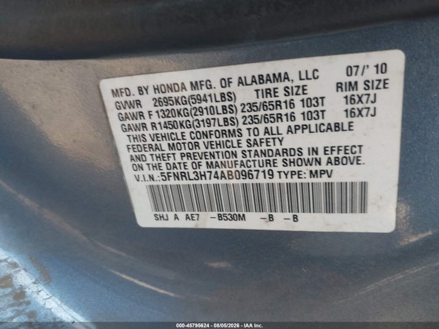Aukcja sprzedaży 2010 Honda Odyssey Ex-l, vin: 5FNRL3H74AB096719, numer aukcji: 45795624