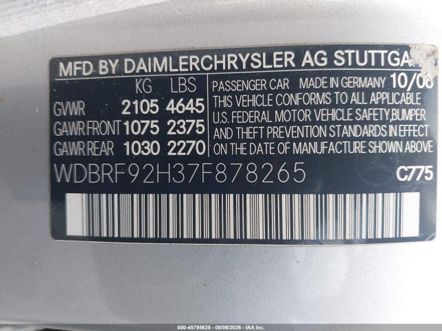 45795628 :رقم المزاد ، WDBRF92H37F878265 vin ، 2007 Mercedes-benz C 280 Luxury 4matic مزاد بيع