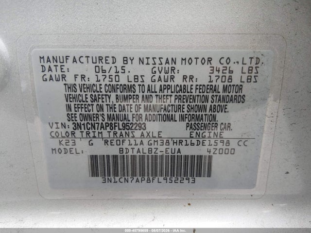 Aukcja sprzedaży 2015 Nissan Versa 1.6 Sv, vin: 3N1CN7AP8FL952293, numer aukcji: 45795659