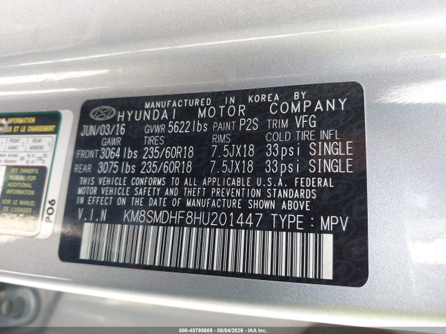 Aukcja sprzedaży 2017 Hyundai Santa Fe Se, vin: KM8SMDHF8HU201447, numer aukcji: 45795669