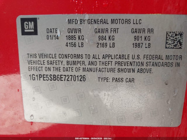 Продаж на аукціоні авто 2014 Chevrolet Cruze 2lt Auto, vin: 1G1PE5SB6E7270126, номер лоту: 45795684