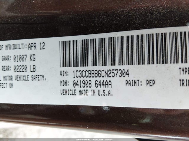45795690 :رقم المزاد ، 1C3CCBBB6CN257304 vin ، 2012 Chrysler 200 Touring مزاد بيع