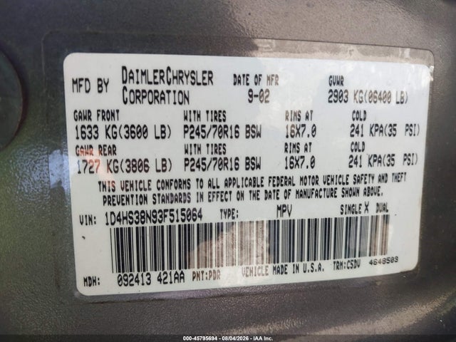 45795694 :رقم المزاد ، 1D4HS38N93F515064 vin ، 2003 Dodge Durango Sport/sxt مزاد بيع