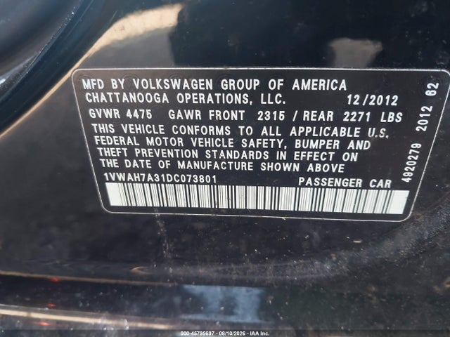 Продаж на аукціоні авто 2013 Volkswagen Passat 2.5l S, vin: 1VWAH7A31DC073801, номер лоту: 45795697