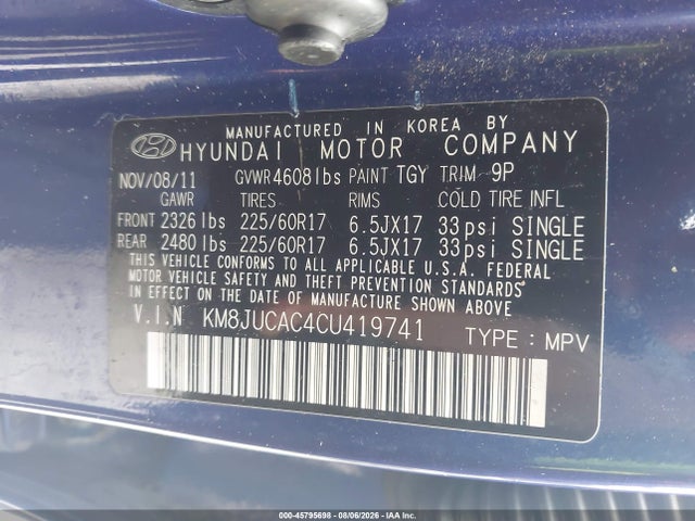 Продажа на аукционе авто 2012 Hyundai Tucson Gls, vin: KM8JUCAC4CU419741, номер лота: 45795698