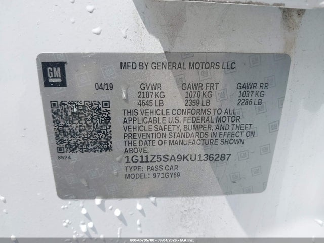 Aukcja sprzedaży 2019 Chevrolet Impala Lt, vin: 1G11Z5SA9KU136287, numer aukcji: 45795700
