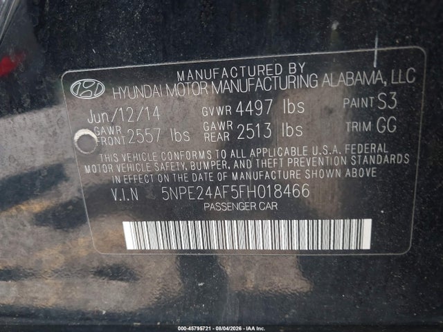 45795721 :رقم المزاد ، 5NPE24AF5FH018466 vin ، 2015 Hyundai Sonata Se مزاد بيع
