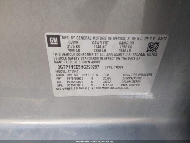2017 Gmc Sierra 1500 Slt მანქანა იყიდება აუქციონზე, vin: 3GTP1NEC5HG390287, აუქციონის ნომერი: 45795742