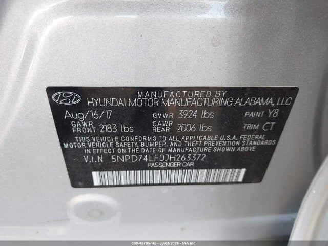 45795745 :رقم المزاد ، 5NPD74LF0JH263372 vin ، 2018 Hyundai Elantra Se مزاد بيع