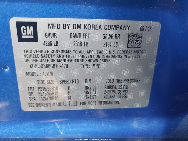 45795752 :رقم المزاد ، KL4CJDSB6GB709170 vin ، 2016 Buick Encore Premium مزاد بيع