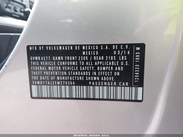 2014 Volkswagen Jetta 1.8t Se მანქანა იყიდება აუქციონზე, vin: 3VWD17AJ2EM279354, აუქციონის ნომერი: 45795754