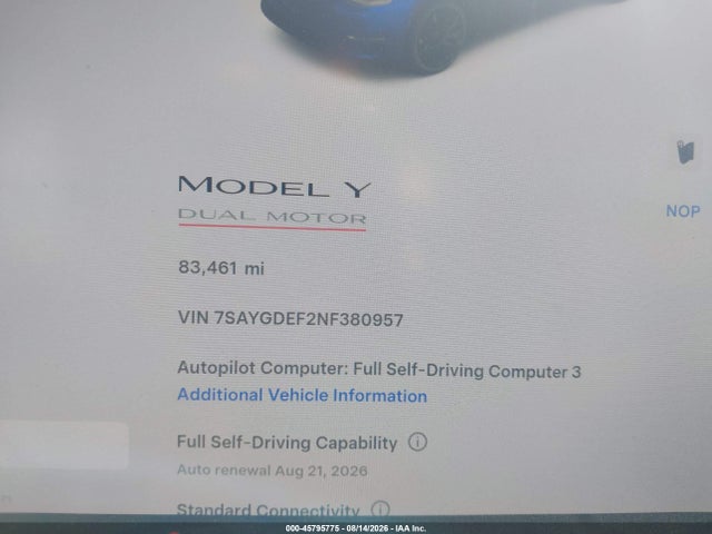 45795775 :رقم المزاد ، 7SAYGDEF2NF380957 vin ، 2022 Tesla Model Y Performance Dual Motor All-wheel Drive مزاد بيع