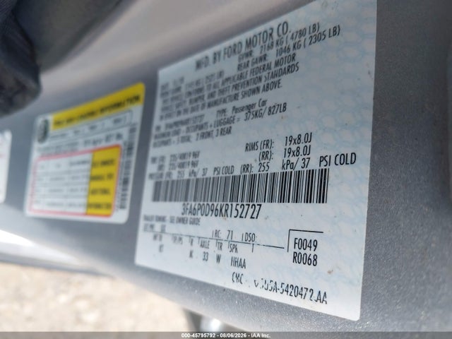 Продажа на аукционе авто 2019 Ford Fusion Titanium, vin: 3FA6P0D96KR152727, номер лота: 45795792