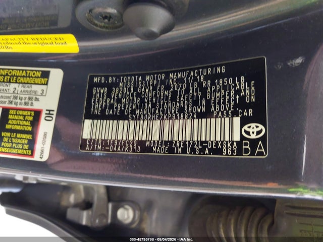 2019 Toyota Corolla Se მანქანა იყიდება აუქციონზე, vin: 5YFBURHE7KP918824, აუქციონის ნომერი: 45795798