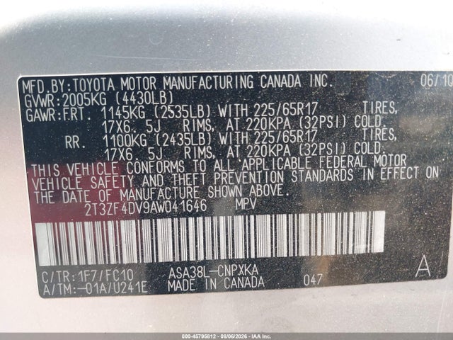 Продаж на аукціоні авто 2010 Toyota Rav4, vin: 2T3ZF4DV9AW041646, номер лоту: 45795812