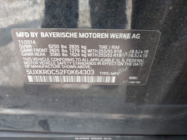 Продаж на аукціоні авто 2015 Bmw X5 Xdrive35i, vin: 5UXKR0C52F0K64303, номер лоту: 45795838