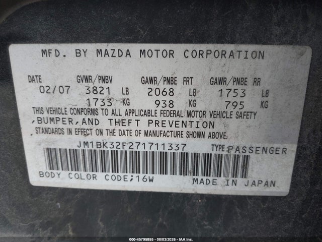 Продажа на аукционе авто 2007 Mazda Mazda3 I, vin: JM1BK32F271711337, номер лота: 45795855