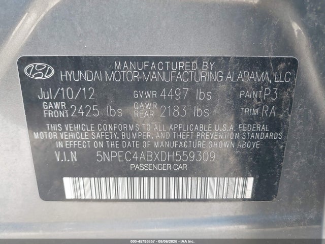 2013 Hyundai Sonata Limited 2.0t მანქანა იყიდება აუქციონზე, vin: 5NPEC4ABXDH559309, აუქციონის ნომერი: 45795857