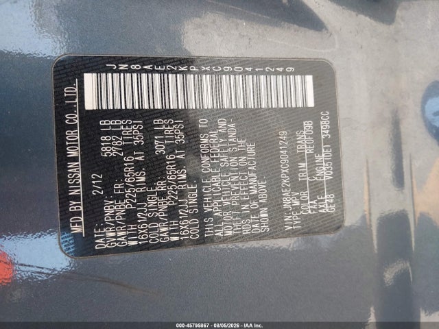 45795867 :رقم المزاد ، JN8AE2KPXC9041249 vin ، 2012 Nissan Quest S مزاد بيع