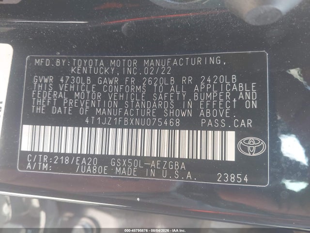 Продажа на аукционе авто 2022 Toyota Avalon Xle, vin: 4T1JZ1FBXNU075468, номер лота: 45795876