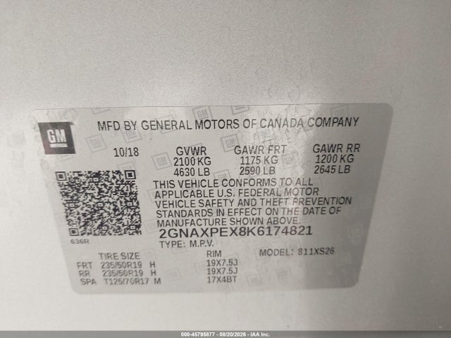 2019 Chevrolet Equinox Premier მანქანა იყიდება აუქციონზე, vin: 2GNAXPEX8K6174821, აუქციონის ნომერი: 45795877