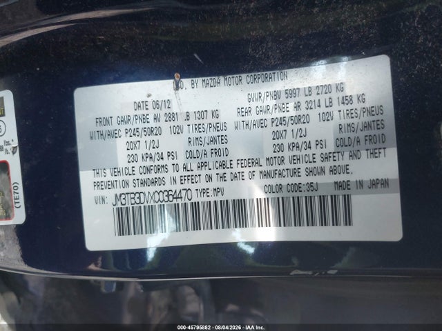 Продаж на аукціоні авто 2012 Mazda Cx-9 Grand Touring, vin: JM3TB3DVXC0364470, номер лоту: 45795882