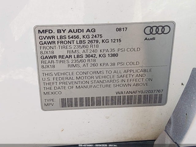 Продажа на аукционе авто 2018 Audi Q5 2.0t Premium/2.0t Tech Premium, vin: WA1ANAFY0J2037767, номер лота: 45795901