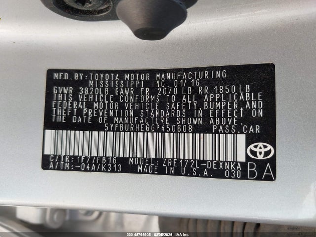 Продажа на аукционе авто 2016 Toyota Corolla Le Plus, vin: 5YFBURHE6GP450608, номер лота: 45795905
