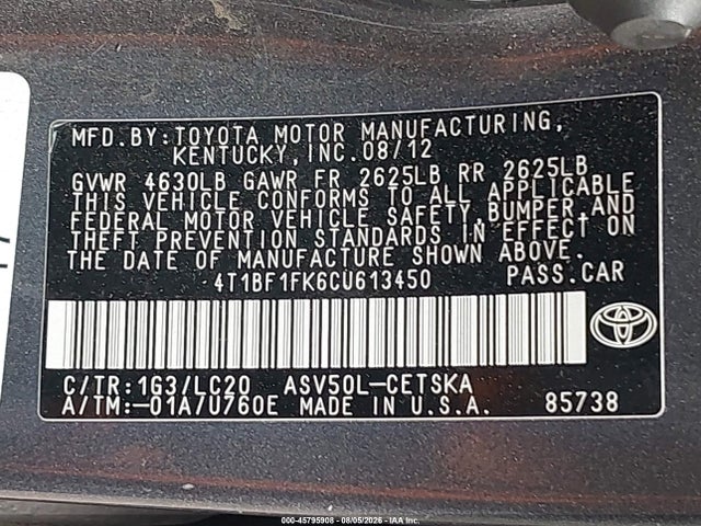 Продаж на аукціоні авто 2012 Toyota Camry Se, vin: 4T1BF1FK6CU613450, номер лоту: 45795908