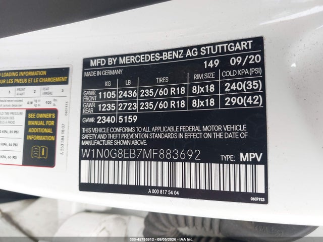 45795912 :رقم المزاد ، W1N0G8EB7MF883692 vin ، 2021 Mercedes-benz Glc 300 4matic Suv مزاد بيع