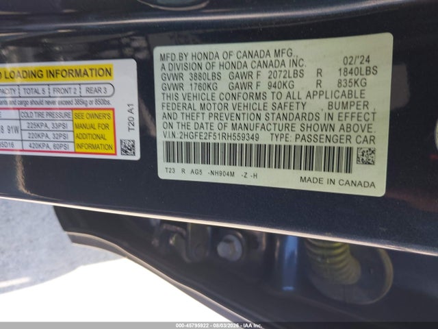 Aukcja sprzedaży 2024 Honda Civic Sport, vin: 2HGFE2F51RH559349, numer aukcji: 45795922