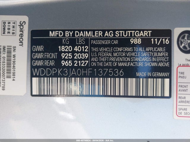 2017 Mercedes-benz Slc 300 მანქანა იყიდება აუქციონზე, vin: WDDPK3JA0HF137536, აუქციონის ნომერი: 45795924