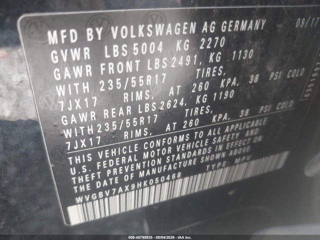 Продаж на аукціоні авто 2017 Volkswagen Tiguan 2.0t/2.0t S, vin: WVGBV7AX9HK050468, номер лоту: 45795925