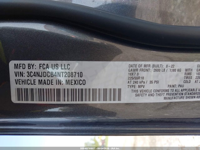 45795927 :رقم المزاد ، 3C4NJDCB4NT208710 vin ، 2022 Jeep Compass Limited 4x4 مزاد بيع