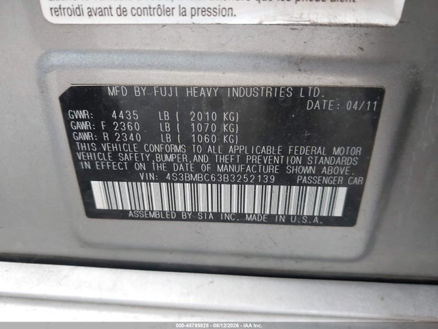 45795928 :رقم المزاد ، 4S3BMBC63B3252139 vin ، 2011 Subaru Legacy 2.5i Premium مزاد بيع