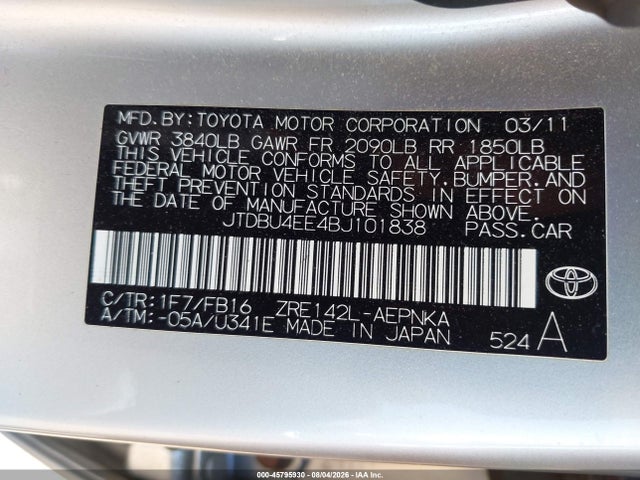 2011 Toyota Corolla Le მანქანა იყიდება აუქციონზე, vin: JTDBU4EE4BJ101838, აუქციონის ნომერი: 45795930
