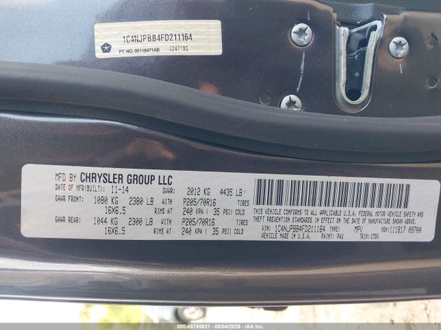 2015 Jeep Patriot Sport მანქანა იყიდება აუქციონზე, vin: 1C4NJPBB4FD211164, აუქციონის ნომერი: 45795931