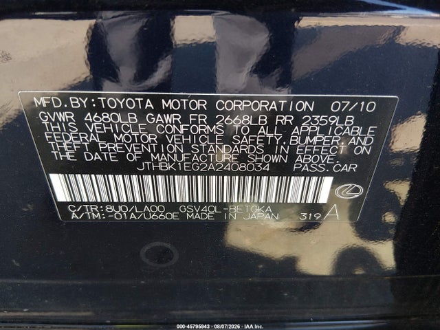 45795943 :رقم المزاد ، JTHBK1EG2A2408034 vin ، 2010 Lexus Es 350 مزاد بيع