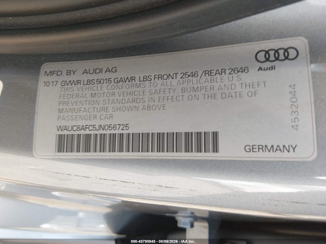 45795948 :رقم المزاد ، WAUC8AFC5JN056725 vin ، 2018 Audi A6 2.0t Premium/2.0t Sport مزاد بيع