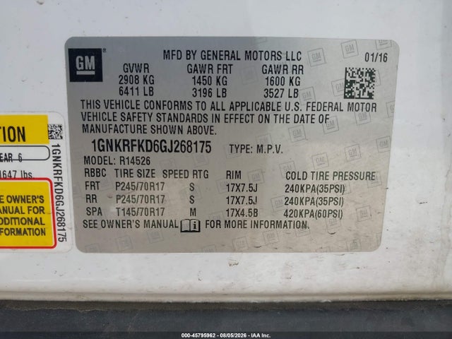 2016 Chevrolet Traverse Ls მანქანა იყიდება აუქციონზე, vin: 1GNKRFKD6GJ268175, აუქციონის ნომერი: 45795962