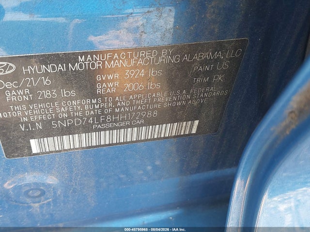 2017 Hyundai Elantra Se მანქანა იყიდება აუქციონზე, vin: 5NPD74LF8HH172988, აუქციონის ნომერი: 45795965