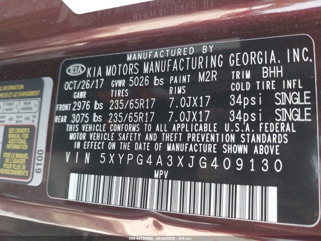 Продажа на аукционе авто 2018 Kia Sorento 2.4l Lx, vin: 5XYPG4A3XJG409130, номер лота: 45795968
