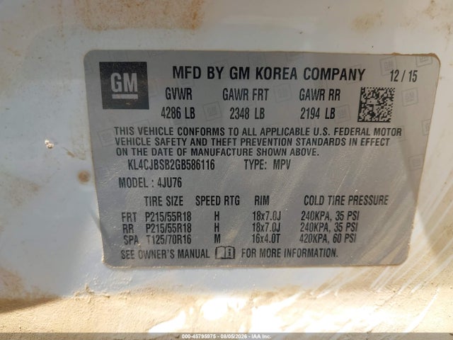2016 Buick Encore Convenience მანქანა იყიდება აუქციონზე, vin: KL4CJBSB2GB586116, აუქციონის ნომერი: 45795975